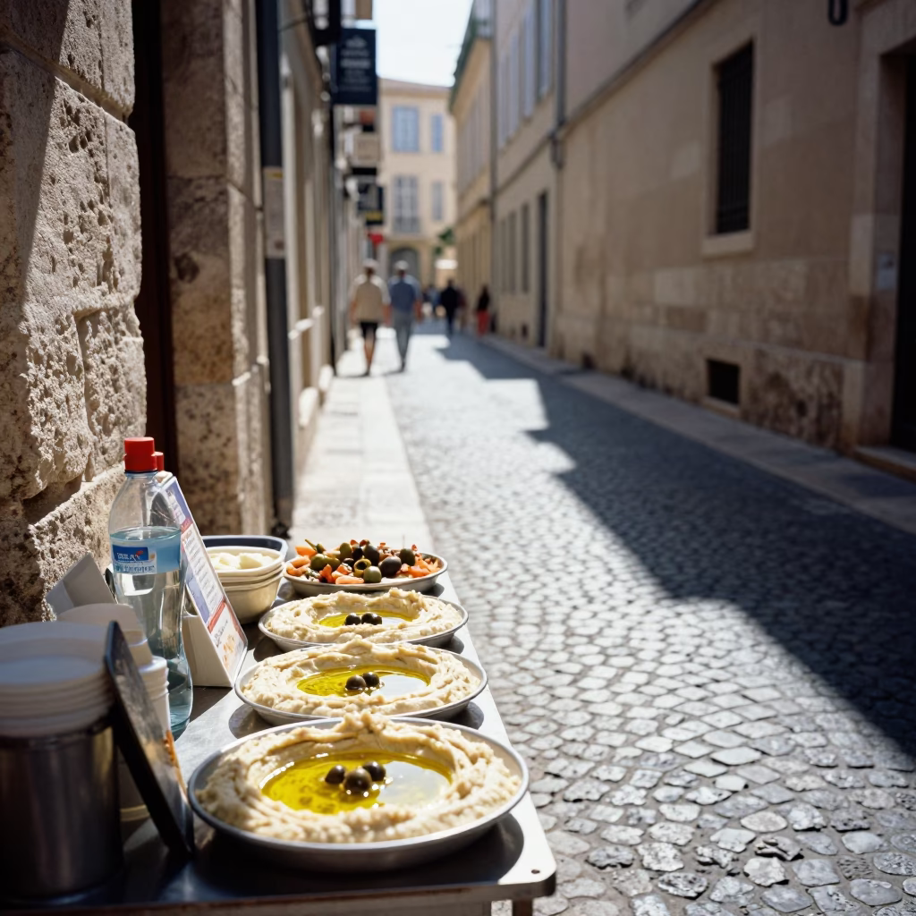Marseille Midday Street Scene with Local Food and Water Details in in Marseille, France