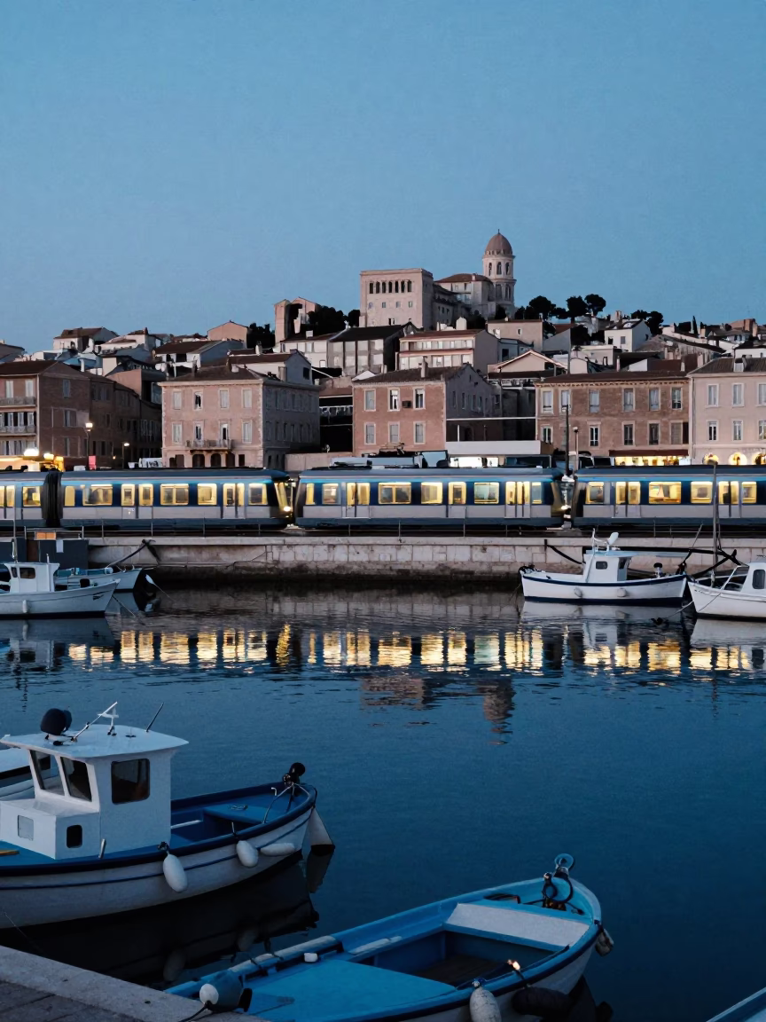 Marseille Monorail Crossing Vieux Port at Blue Hour with Reflections in in Marseille, France