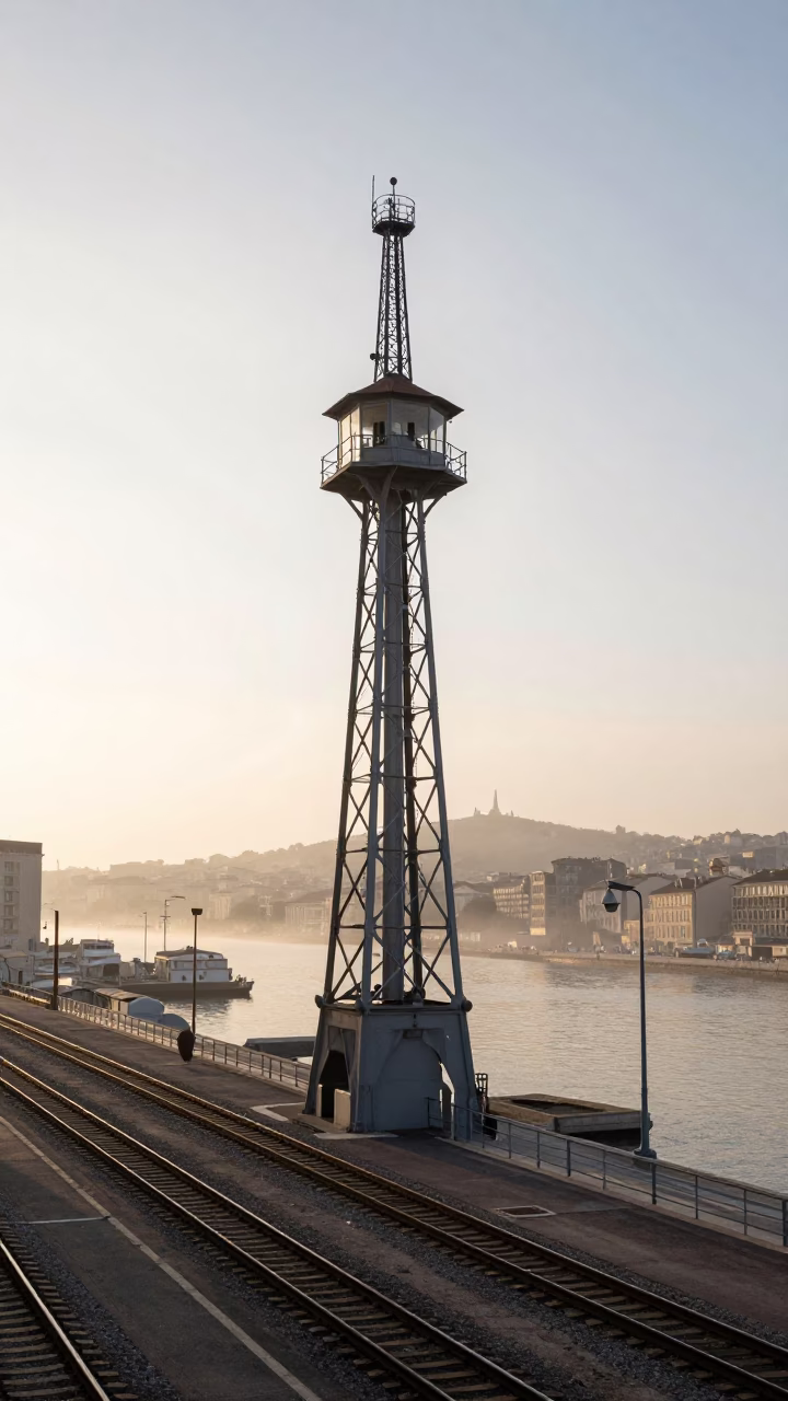 Marseille Morning Light on Old Port Signal Gantry Above Parallel Railway Tracks in Mist in in Marseille, France