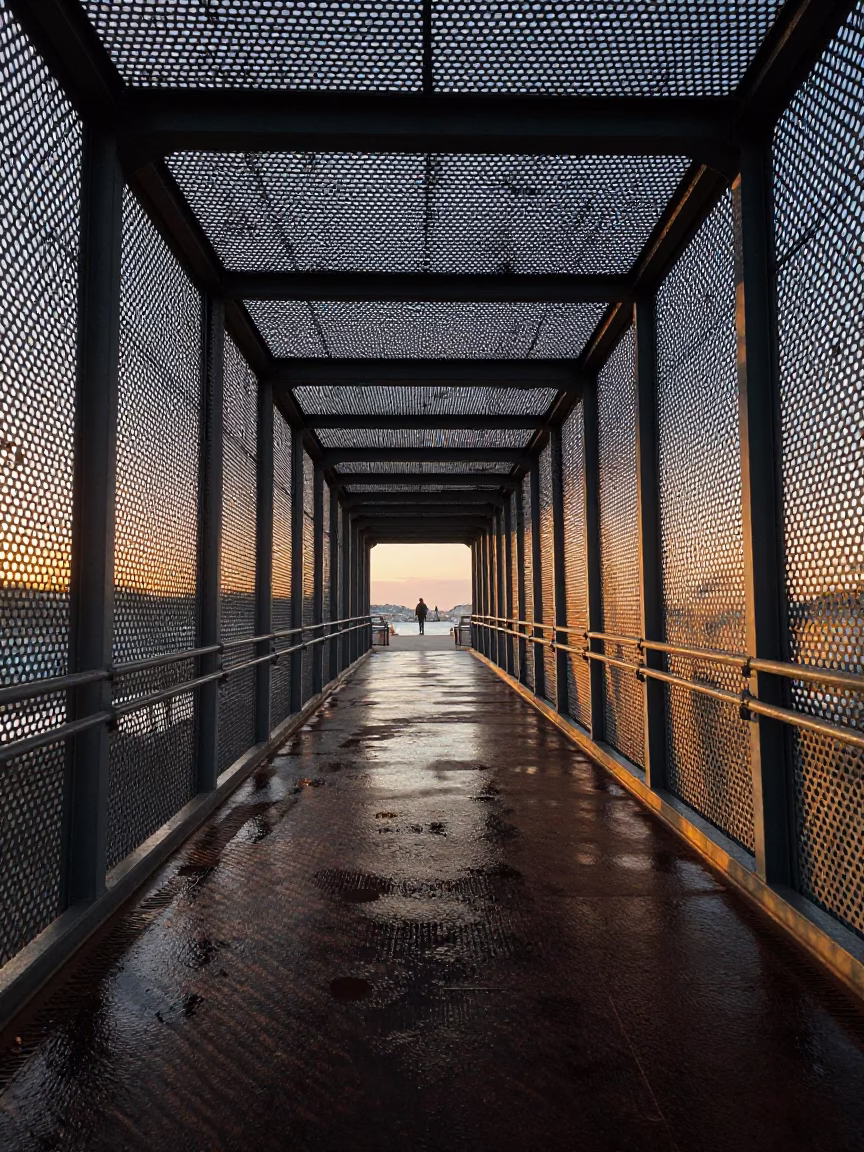 Marseille Nautical Dawn Pedestrian Overpass Perforated Metal and Wet Footsteps in in Marseille, France