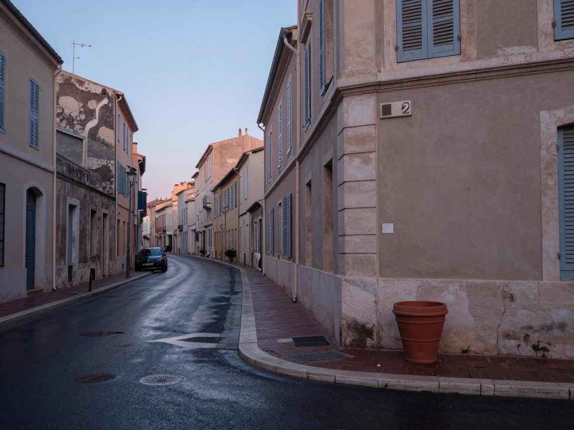 Marseille Nautical Dawn Street Scene with Terracotta Pot and Reflections in in Marseille, France