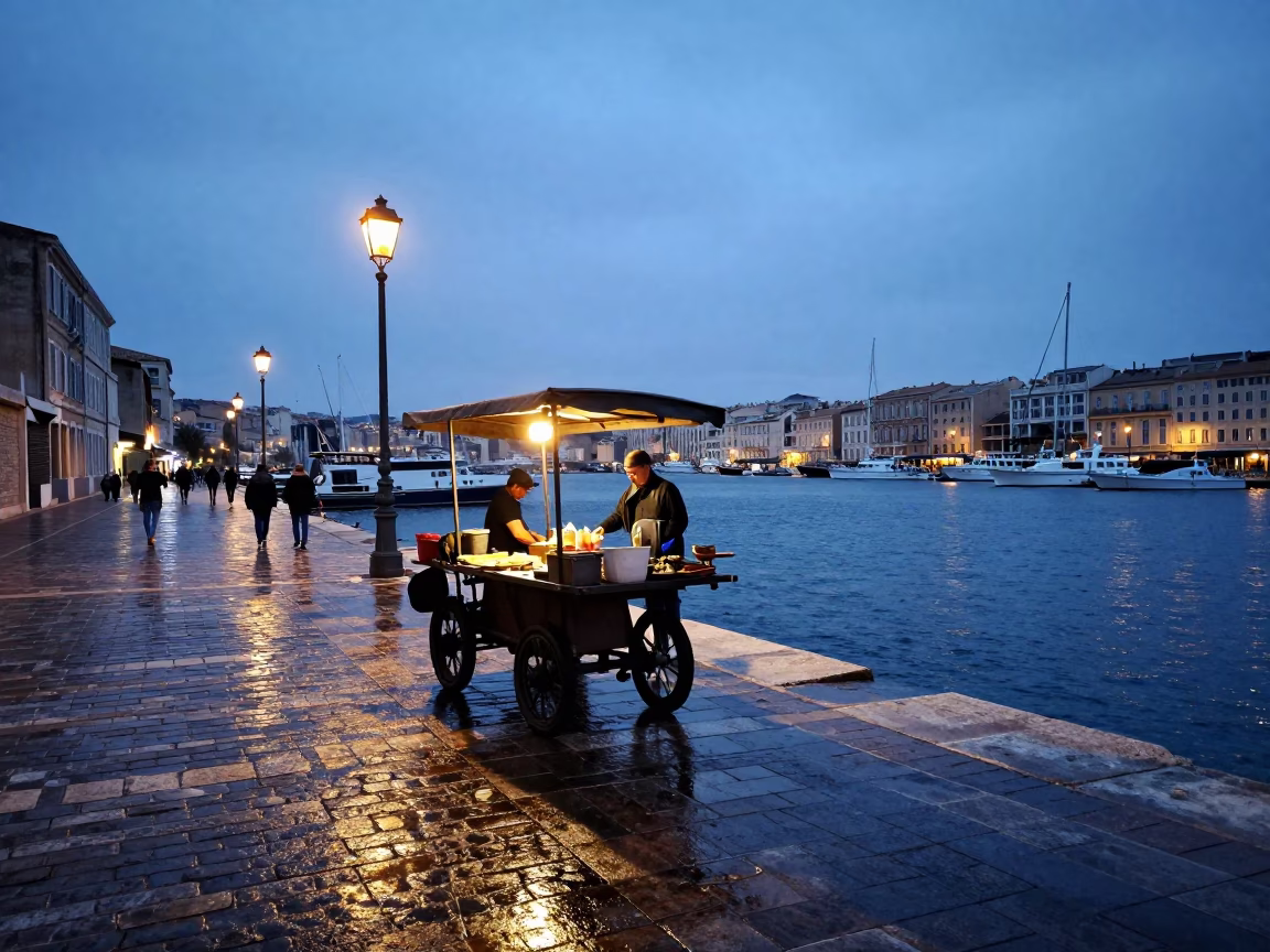 Marseille Nautical Dawn Street Scene with Vintage Carafe and Zinnias in in Marseille, France