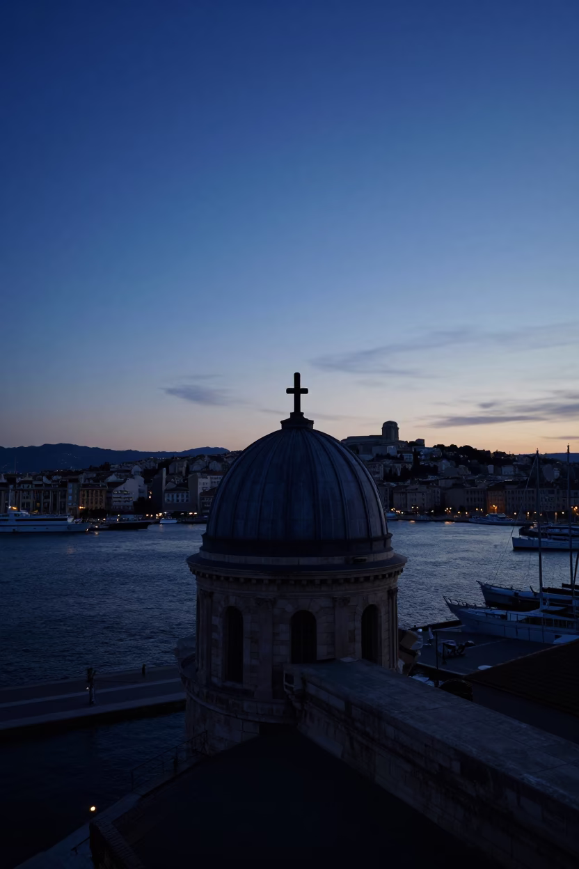 Marseille Nautical Dawn View of Old Port Observatory Dome Silhouette and Tugboats in in Marseille, France