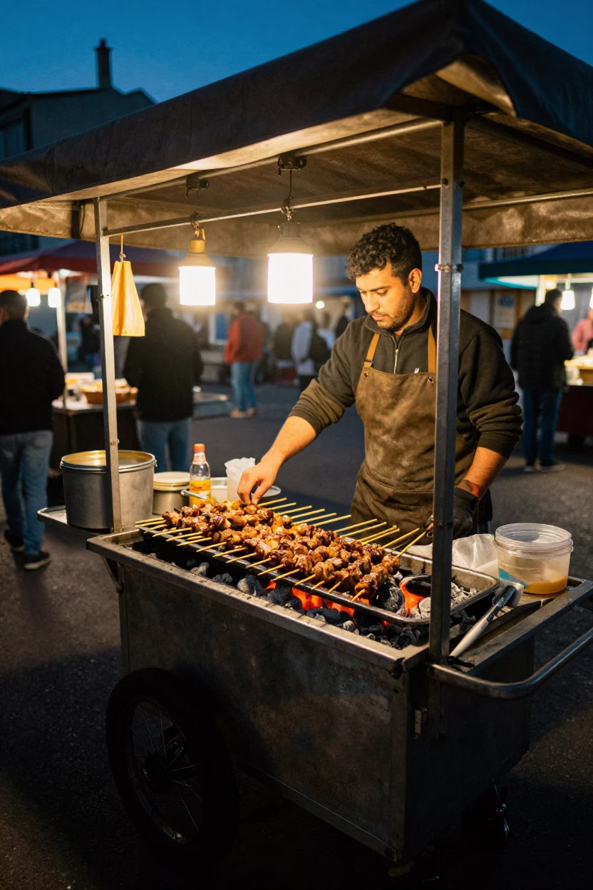 Marseille Night Market Stall with Sate Skewers and Charcoal Glow in Predawn Darkness in in Marseille, France