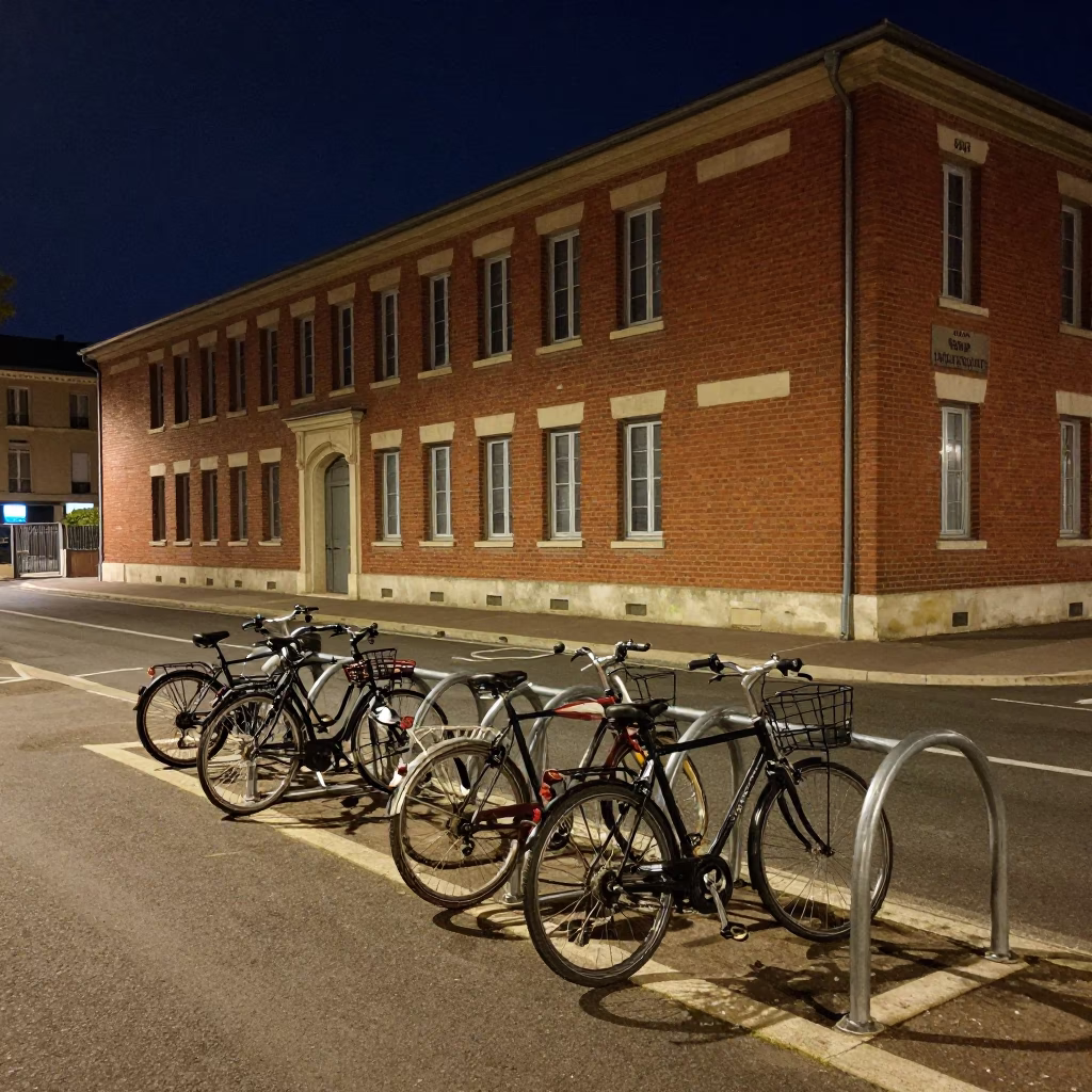 Marseille Night Street Scene with Bicycle Rack and Darning Mushroom Lamp in in Marseille, France