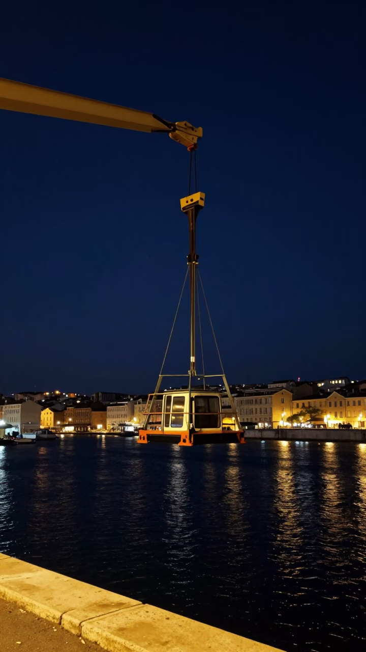 Marseille Night Street Scene with Bridge Maintenance Cradle and Urban Life in in Marseille, France