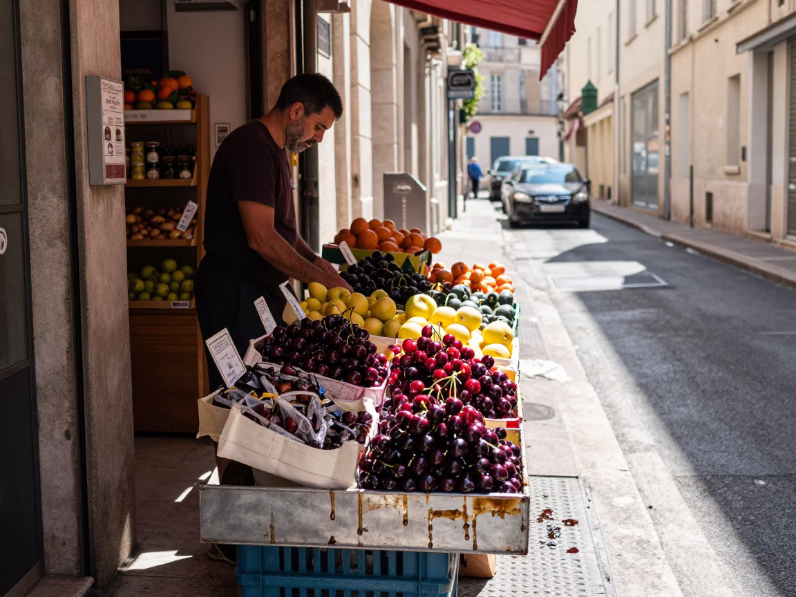 Marseille Noon Street Scene with Cherries and Grease Sheen on Shelf in in Marseille, France