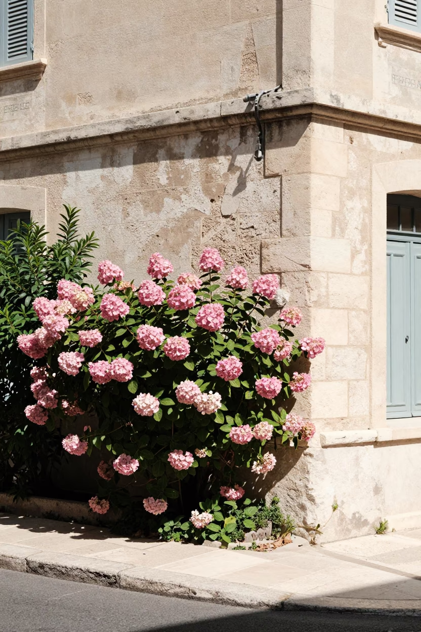 Marseille noon street scene with hydrangea bush and local life in in Marseille, France