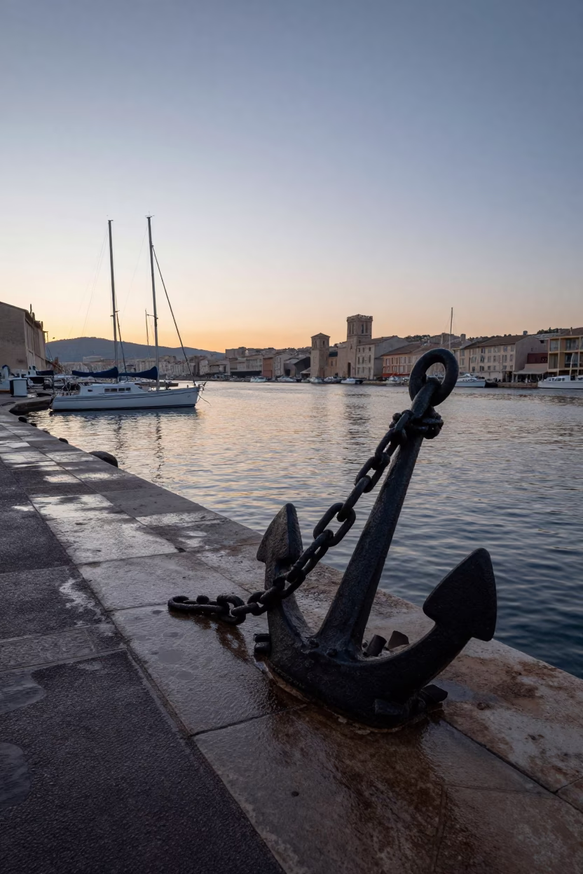 Marseille Old Port at Dawn with Anchor Chain and Stone Quayside in in Marseille, France