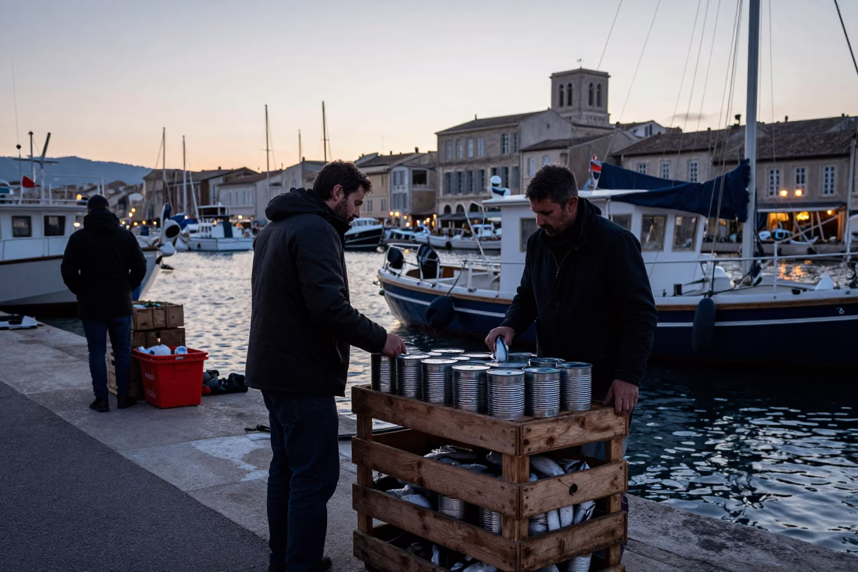Marseille Old Port at Dawn with Fishmongers and Metal Canisters in in Marseille, France