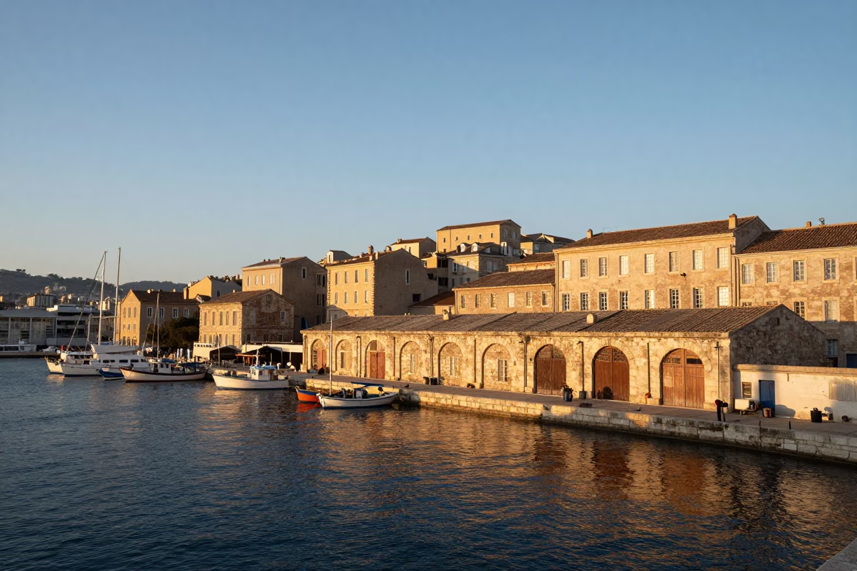 Marseille Old Port Early Evening Vistas with Traditional Architecture and Waterfront Activity in in Marseille, France