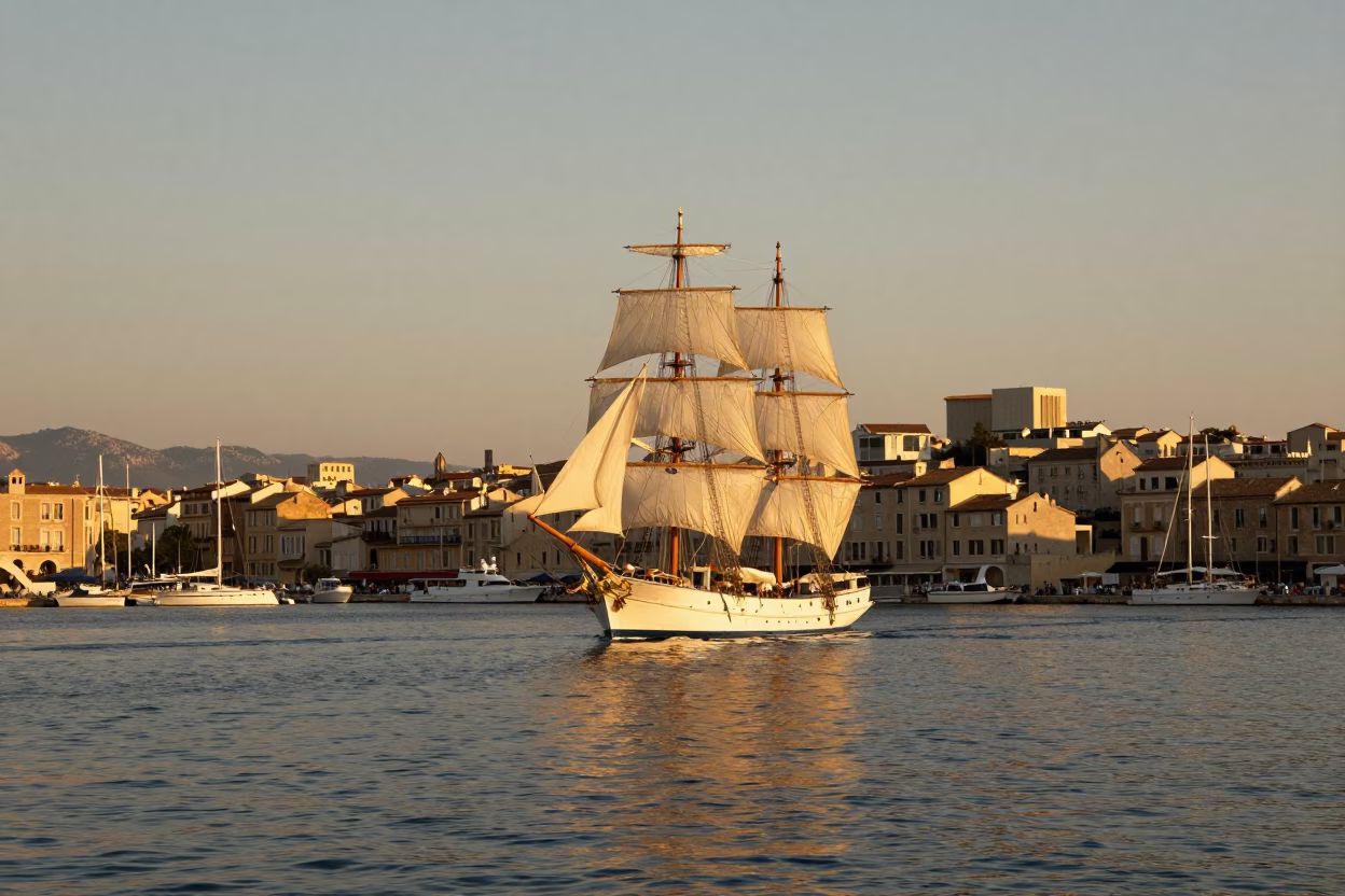 Marseille Old Port evening light with tall ship and canal barge cargo in in Marseille, France