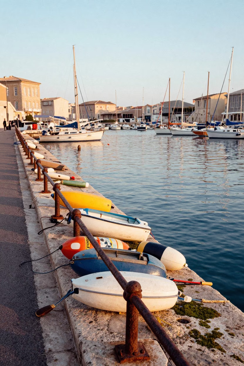 Marseille Old Port Fishing Floats and Rusty Railings at Nautical Dawn in in Marseille, France