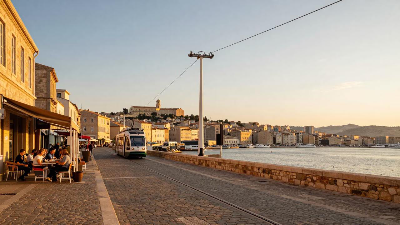Marseille Old Port Golden Hour Street Scene with Local Dining and Tramway in in Marseille, France