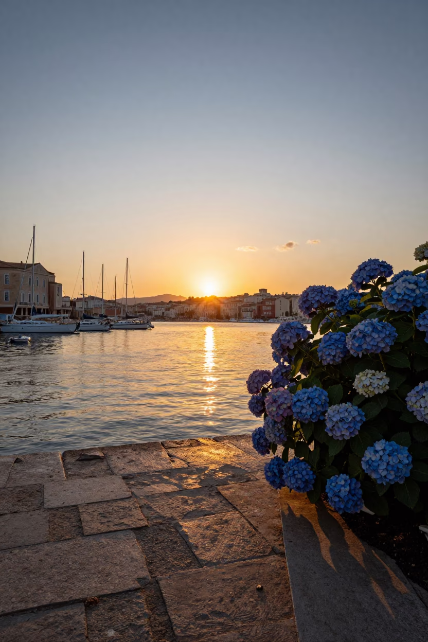 Marseille Old Port Sunset with Hydrangea Bush and Traditional Architecture in in Marseille, France