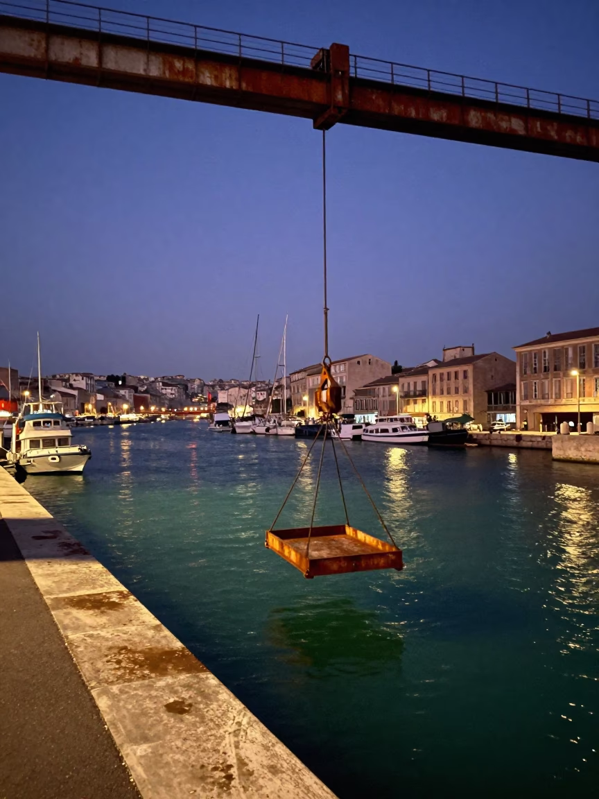 Marseille Port Before Dawn with Rusty Bridge Maintenance Cradle and String Lights in in Marseille, France