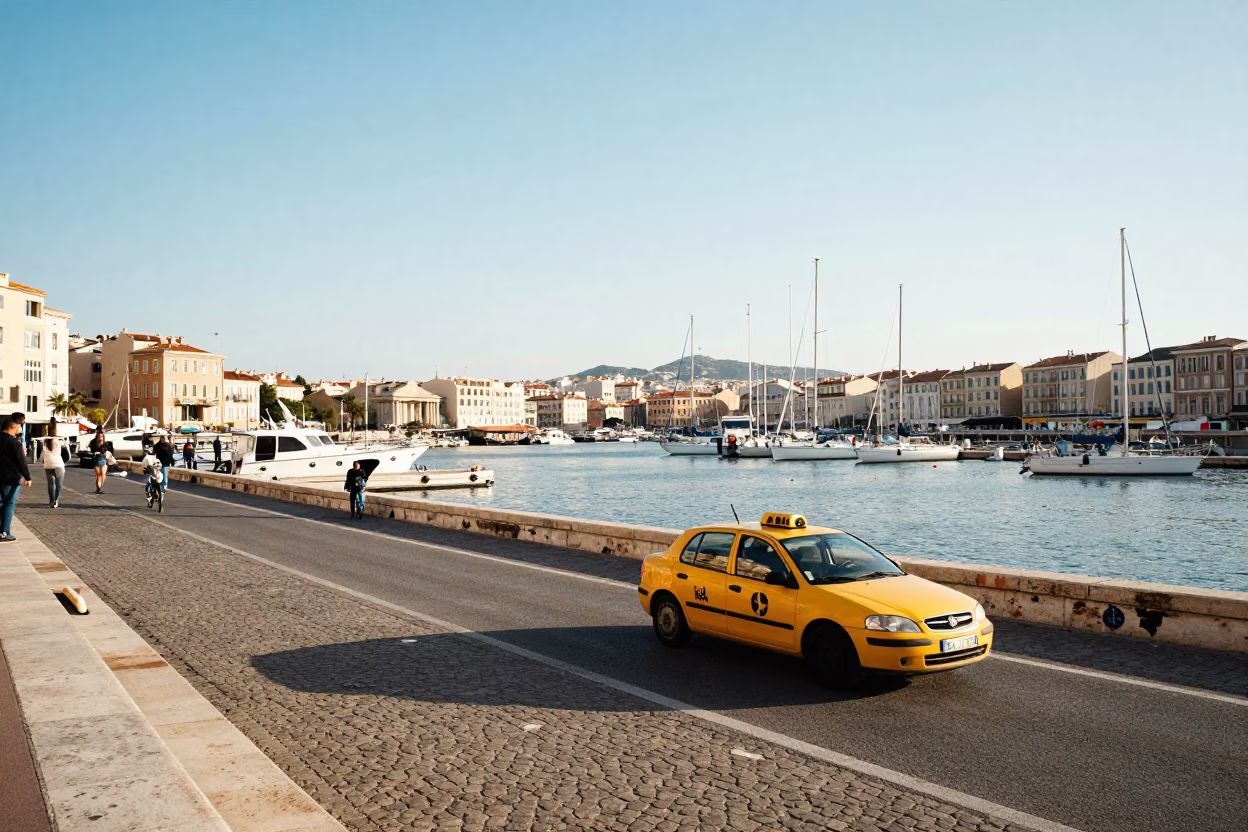 Marseille Port Late Afternoon Light with Yellow Taxi and Harbor Activity in in Marseille, France