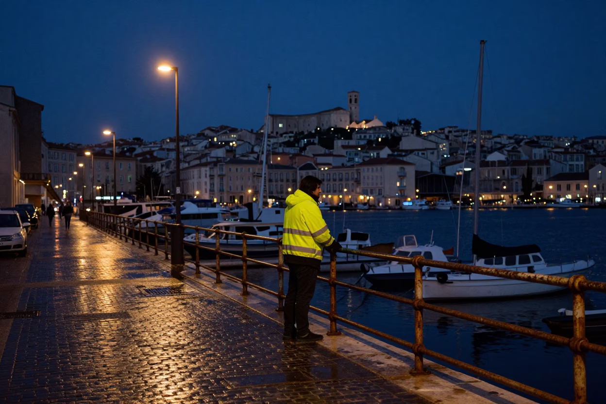 Marseille Port Night Street Scene with Turnbuckle and Industrial Fog in in Marseille, France