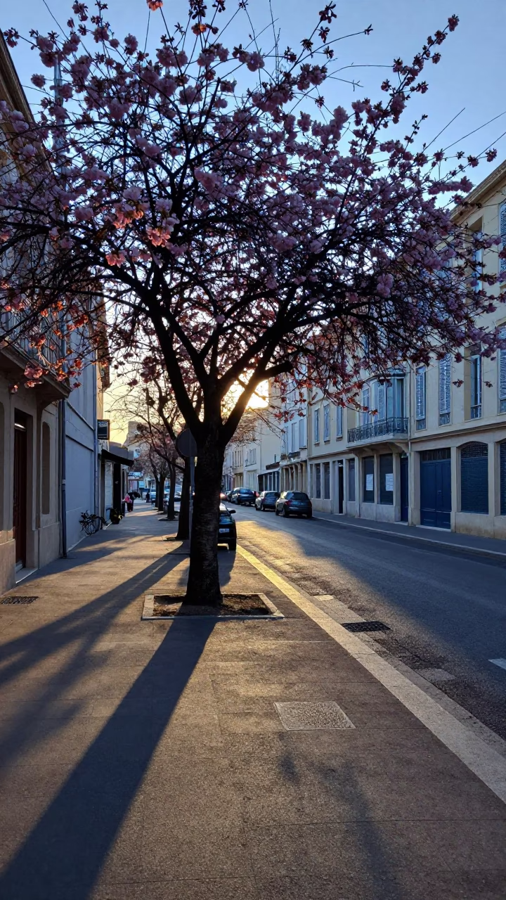Marseille Pre-Dawn Street Scene with Cherry Blossoms and Vintage Details in in Marseille, France