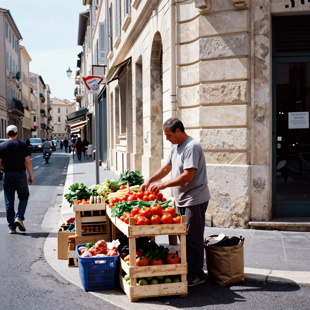 Marseille Street Corner at Bright Midmorning Light in in Marseille, France