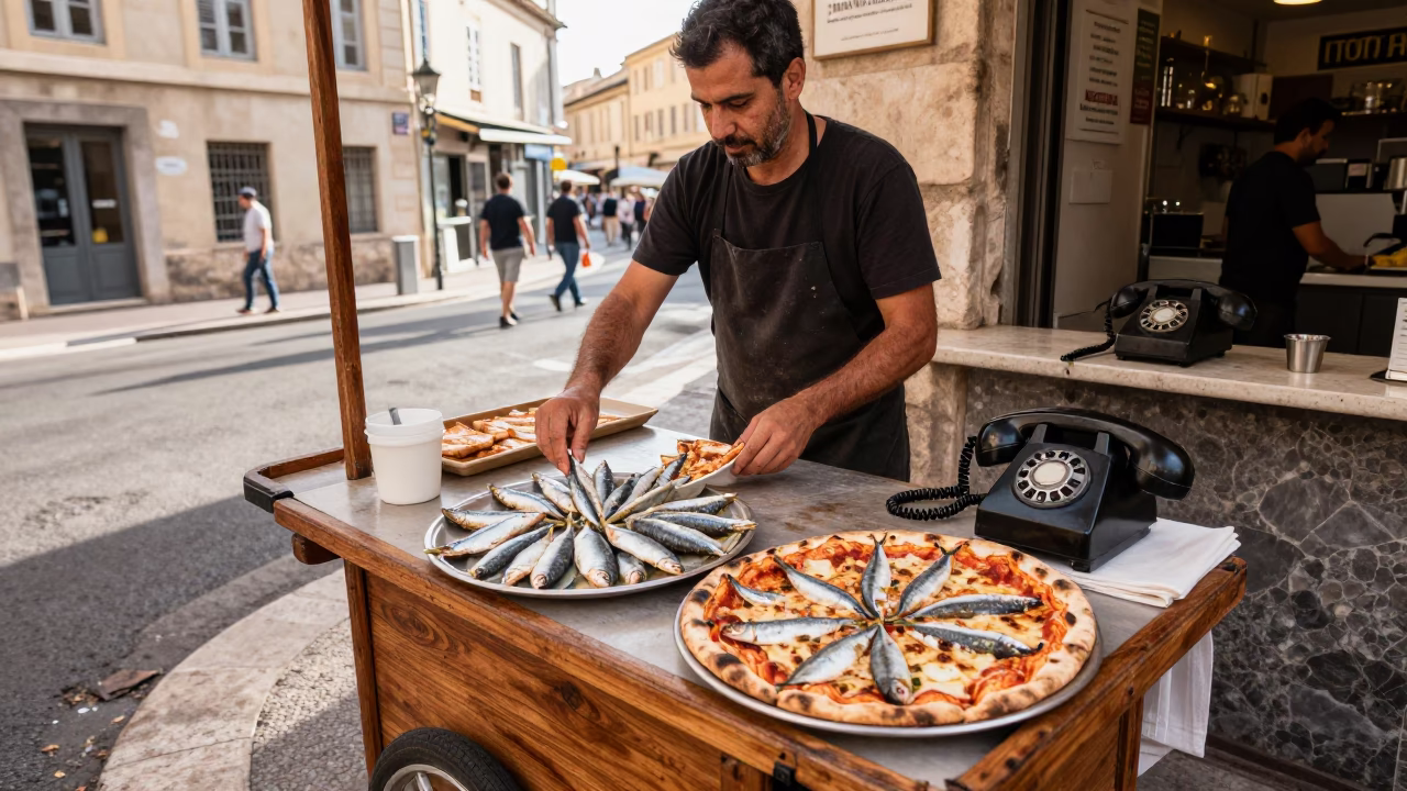 Marseille Street Food Vendor Serving Fresh Sardines and Pizza in Late Afternoon Sun in in Marseille, France