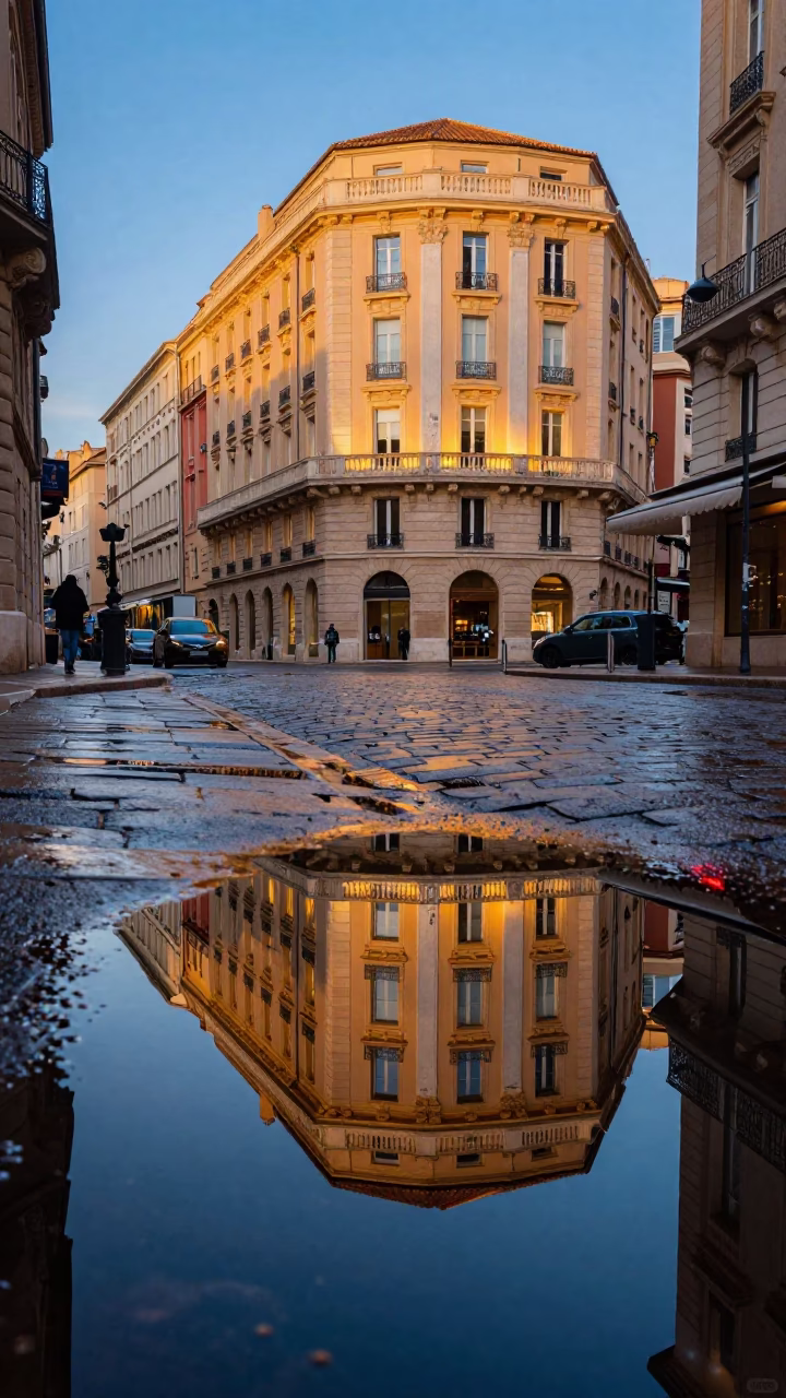 Marseille Street Reflections at Dusk with Puddle and Tail Lights in in Marseille, France