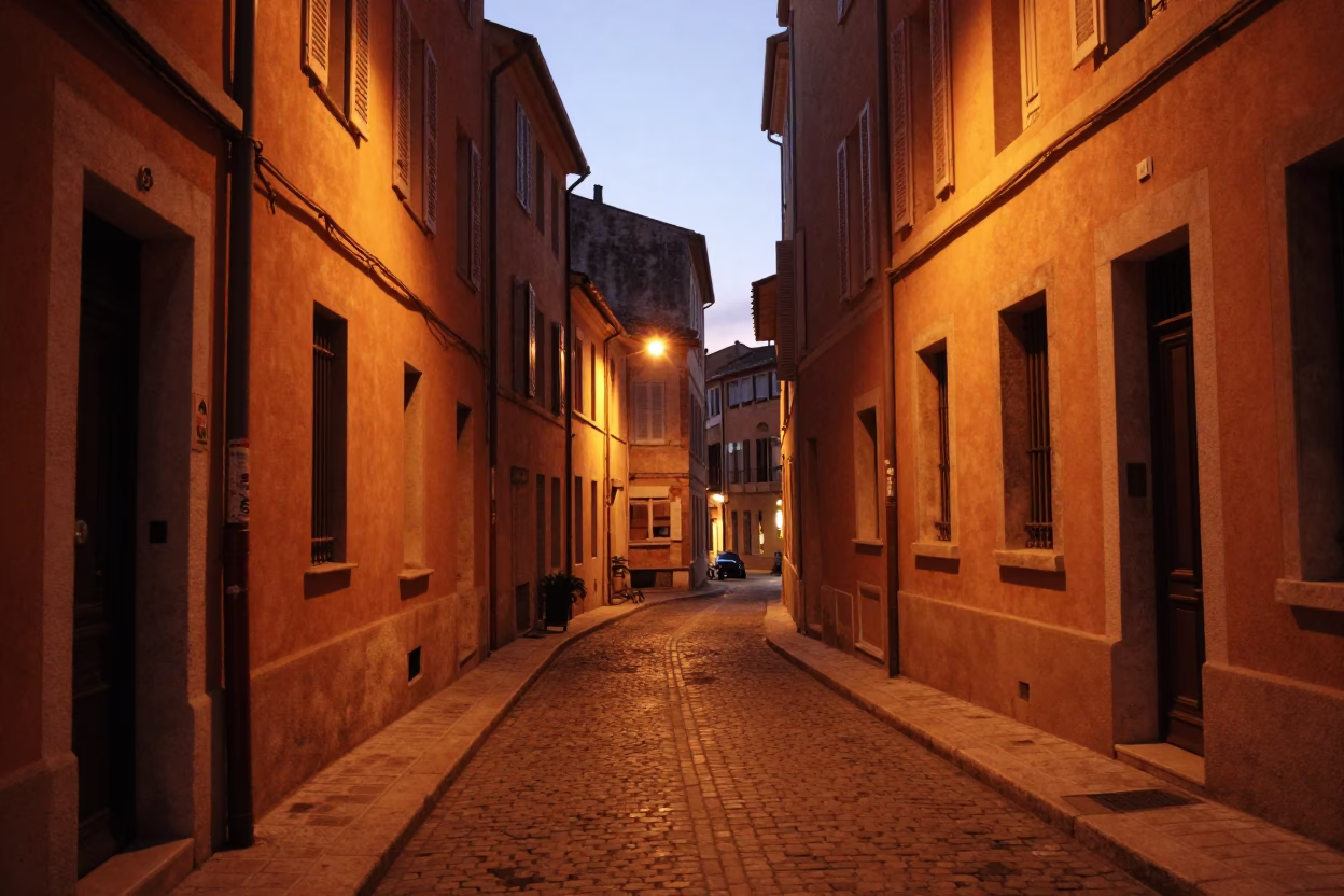 Marseille Street Scene in Copper Dusk Light with Local Market Details in in Marseille, France
