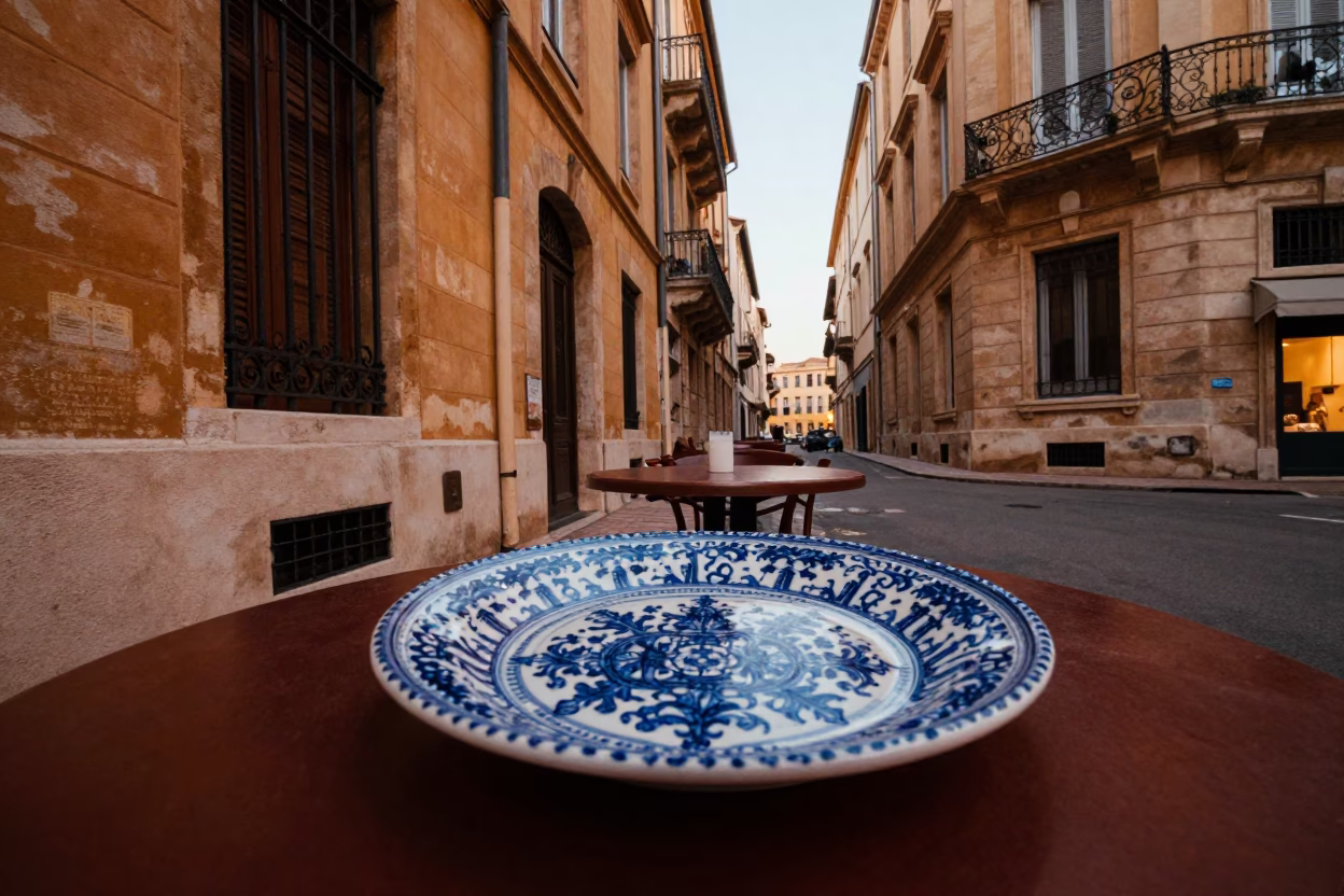 Marseille Street Scene with Blue and White Porcelain Plate Under Copper Dusk Light in in Marseille, France