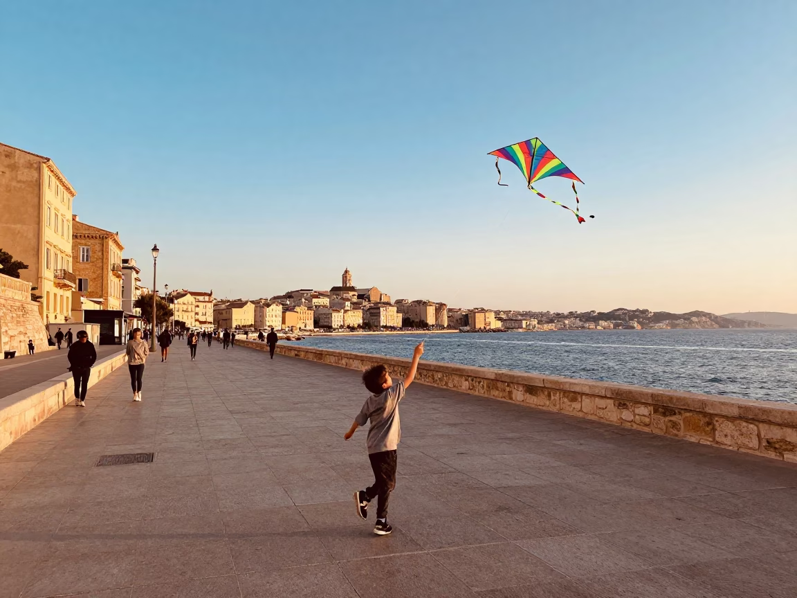 Marseille street scene with child flying kite in honeyed evening light in in Marseille, France
