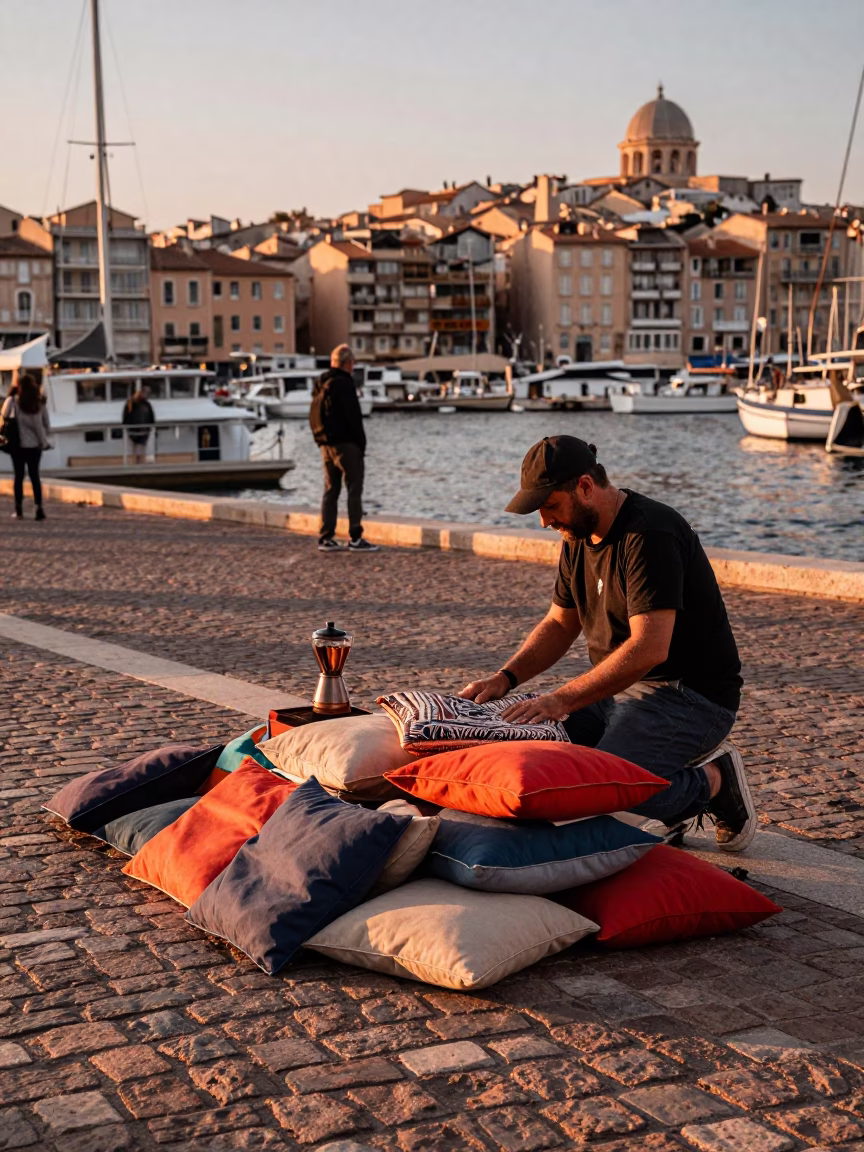 Marseille Street Scene with Cushion Cover and Coffee Grinder Before Dusk in in Marseille, France