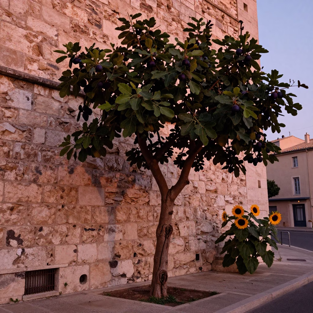 Marseille street scene with fig tree and sunflowers in copper dusk light in in Marseille, France