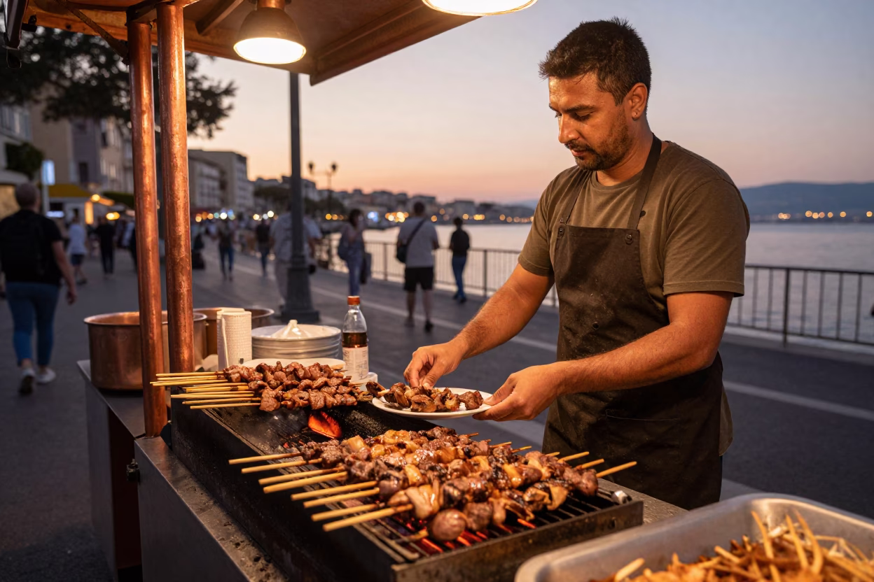 Marseille Street Scene with Suya Skewers and Copper Dusk Light in in Marseille, France