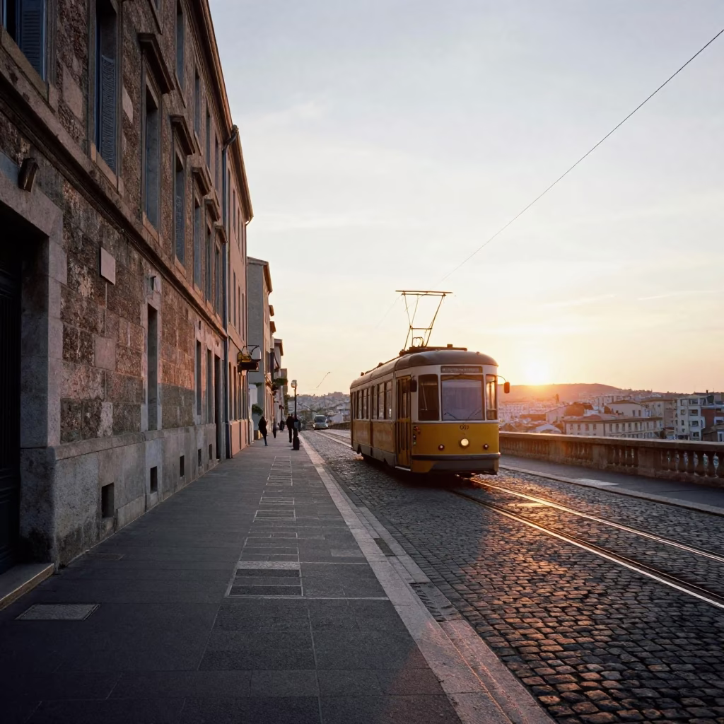 Marseille Street Scene with Tram on Steep Hill at Sunset in in Marseille, France