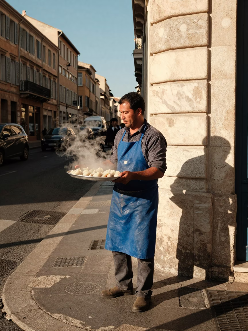 Marseille street scene with Vietnamese banh cuon tray and apron in late afternoon light in in Marseille, France