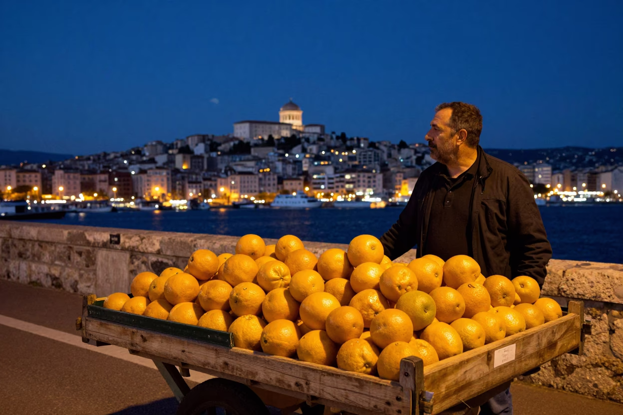 Marseille street vendor selling fresh oranges at twilight near Vieux Port in in Marseille, France
