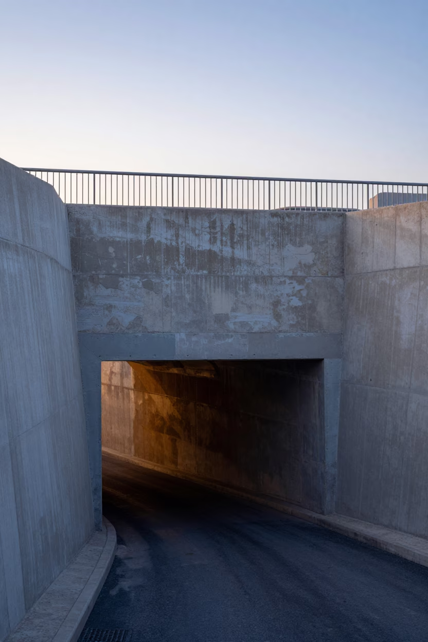 Marseille Sunrise Service Tunnel with Fresh Concrete Patches and Blinking Indicators Reflecting Pipework in in Marseille, France