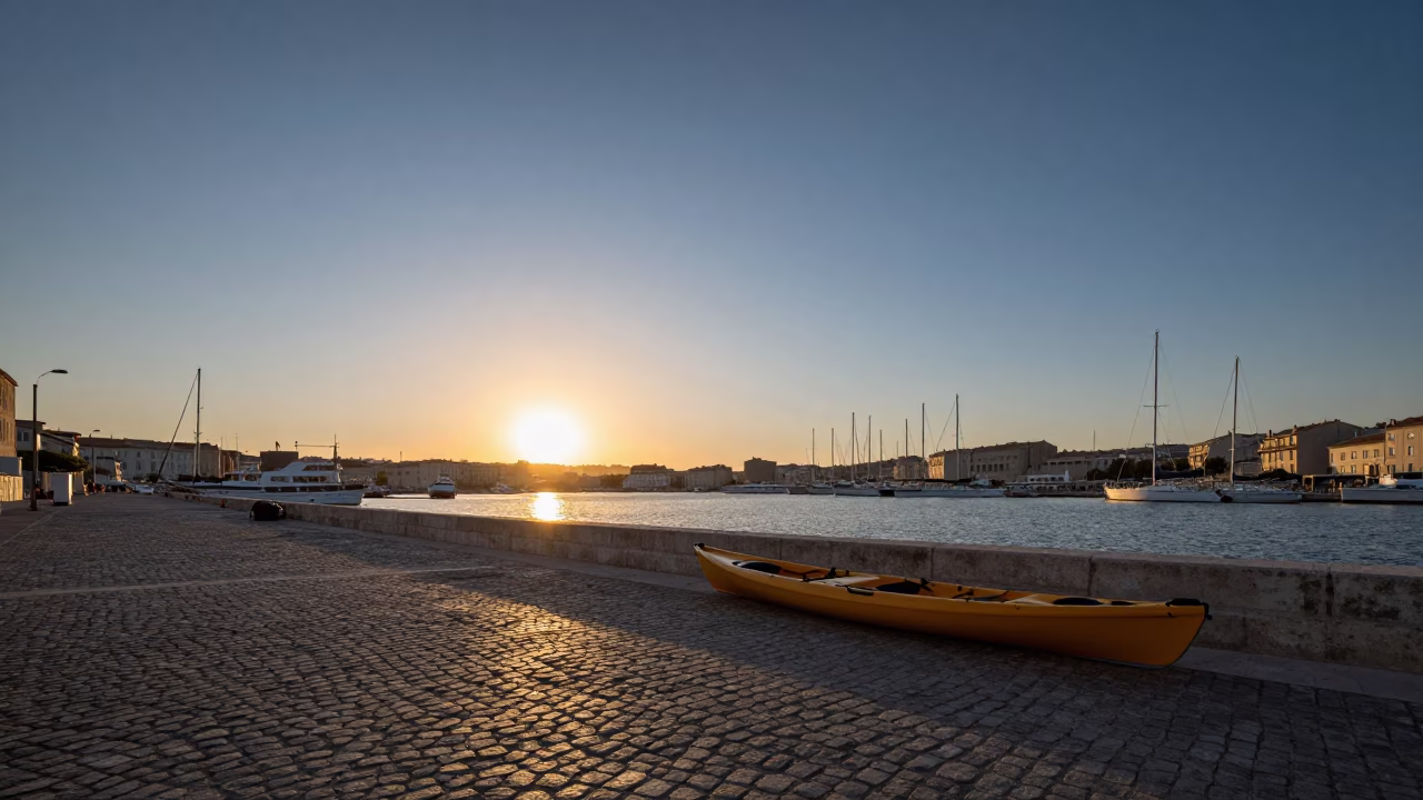 Marseille Sunset Harbor Scene with Blue Hour Sky and Fishing Kayak Near Breakwater in in Marseille, France