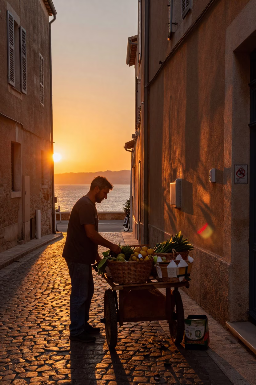 Marseille Sunset Street Scene with Basket and Leaf Shadows in France in in Marseille, France