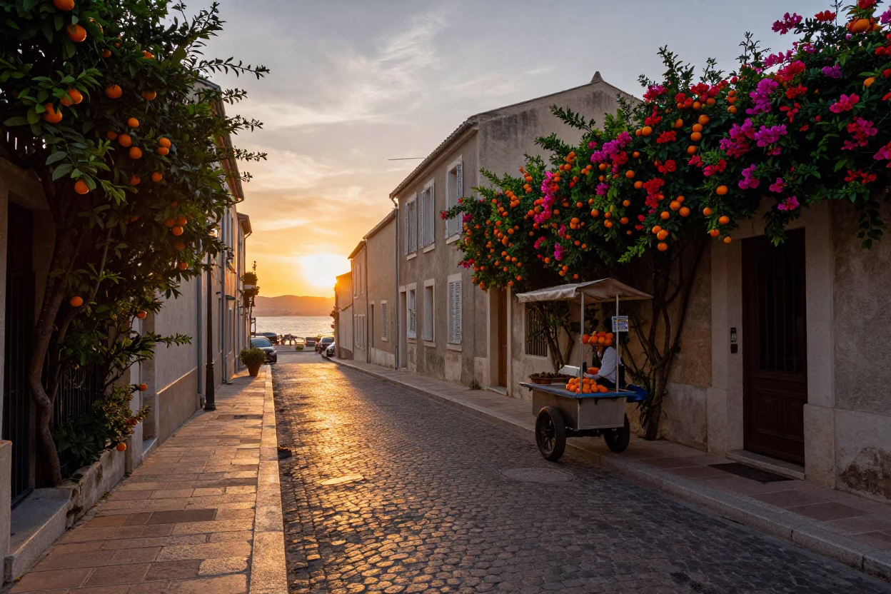 Marseille Sunset Street Scene with Oranges and Plumbago Hedge in Provence in in Marseille, France