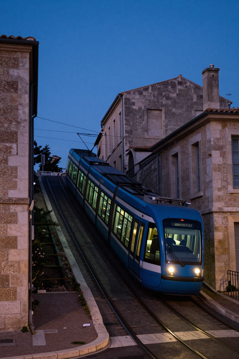 Marseille Tramway Climbing Steep Hill in Indigo Twilight with Harbor Tugboat in Distance in in Marseille, France