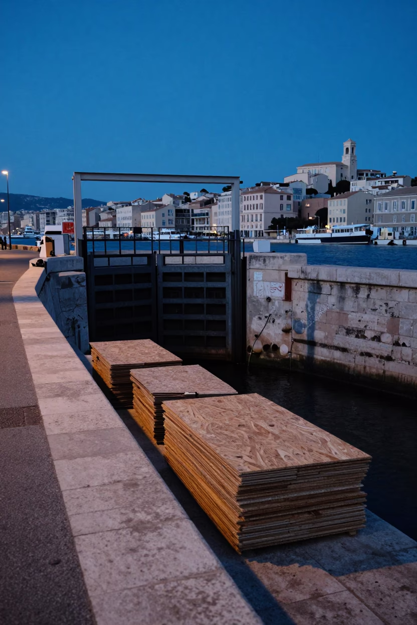 Marseille Twilight Street Scene with Levee Floodgate and Plywood Stacks in in Marseille, France