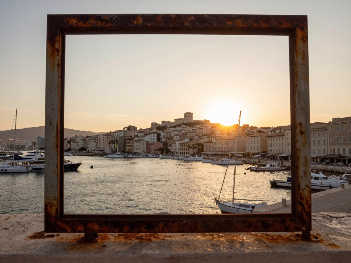 Marseille Vieux Port at dusk with rusted frame and junk boat sails in in Marseille, France