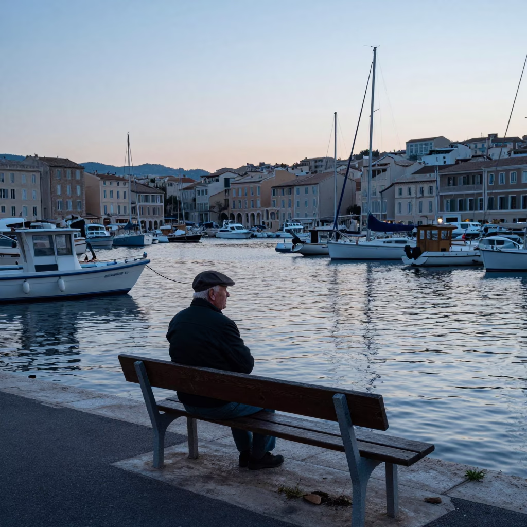 Marseille Vieux Port at Nautical Dawn with Old Fisherman and Tea Kettle in in Marseille, France