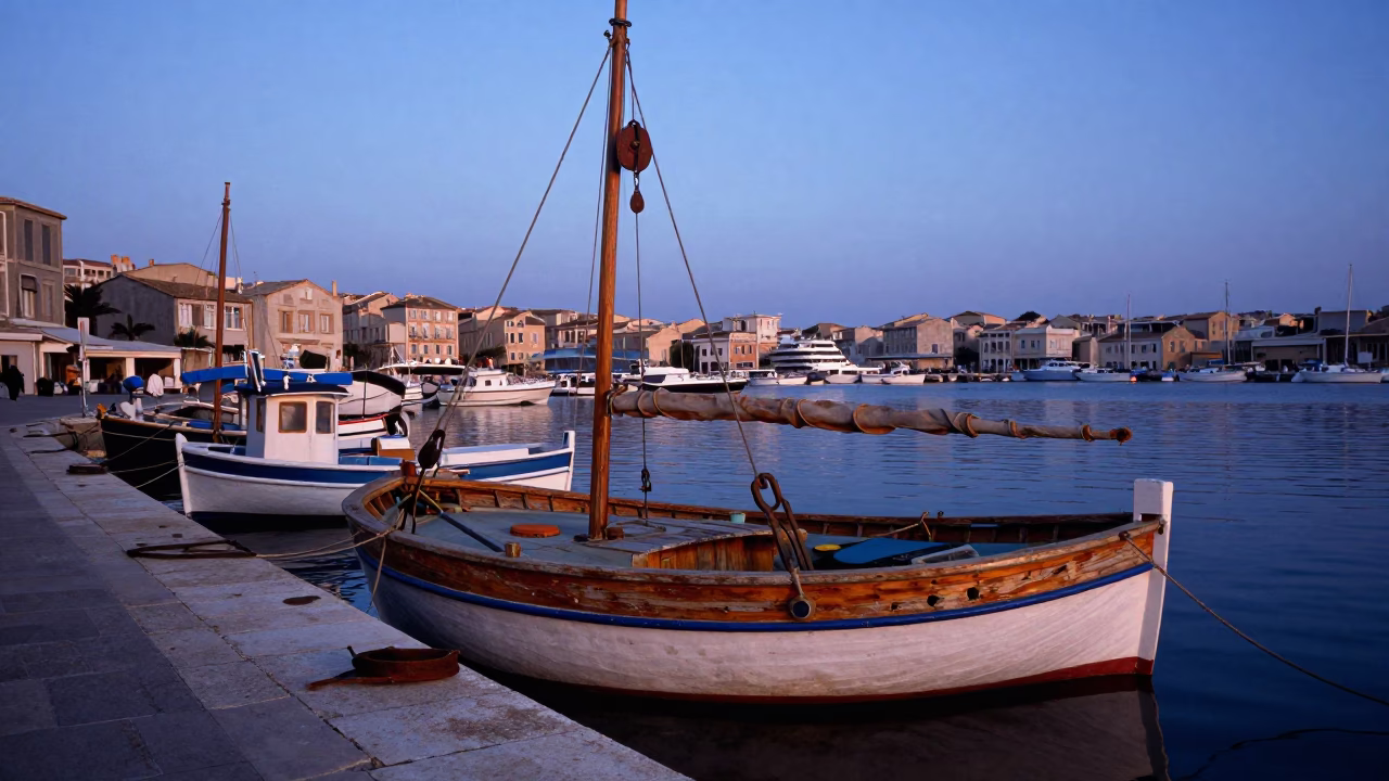 Marseille Vieux-Port Dawn Light on Old Fishing Boats and Harbor Infrastructure in in Marseille, France