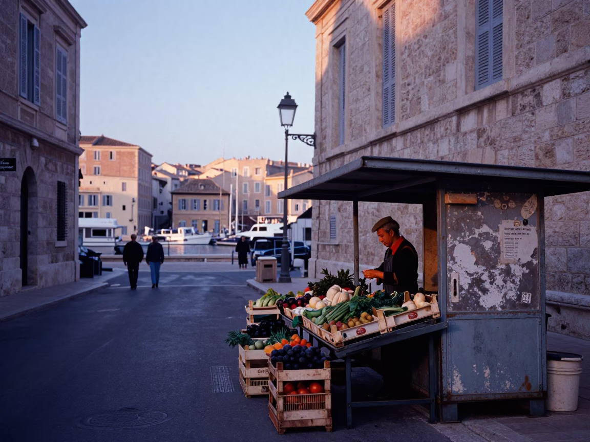Marseille Vieux Port Dawn Street Scene with Local Market Activity and Fashion Elements in in Marseille, France