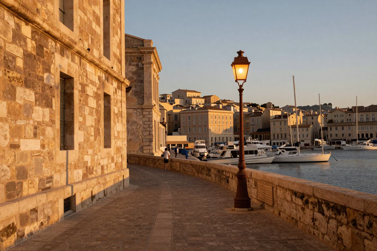 Marseille Vieux Port Evening Stroll with Copper Street Lamp and Cobblestone Reflections in in Marseille, France
