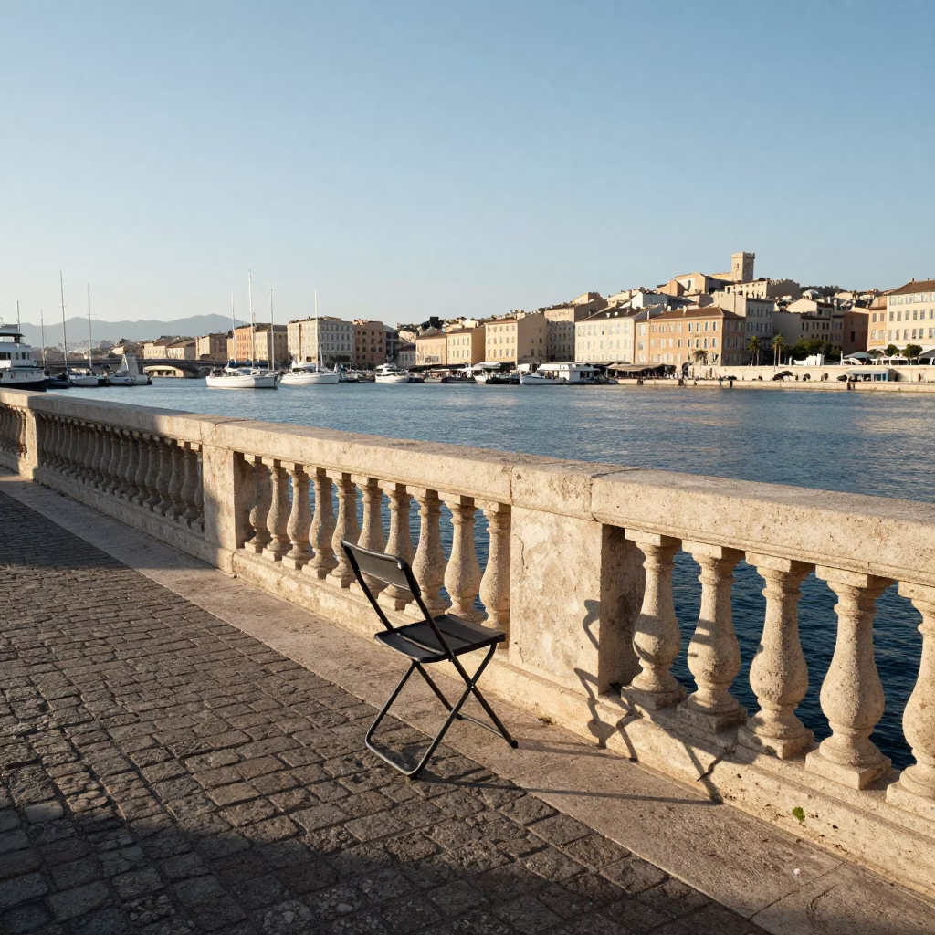 Marseille Vieux Port Late Afternoon Light with Folding Chair and Glass Pitcher in in Marseille, France