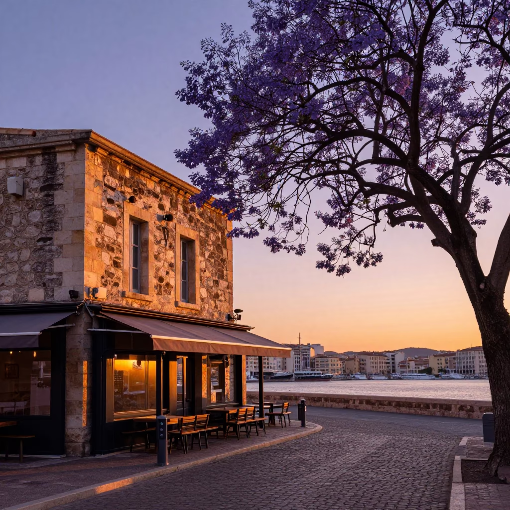 Marseille Vieux Port sunset scene with jacaranda tree and ceramic cup on terrace in in Marseille, France