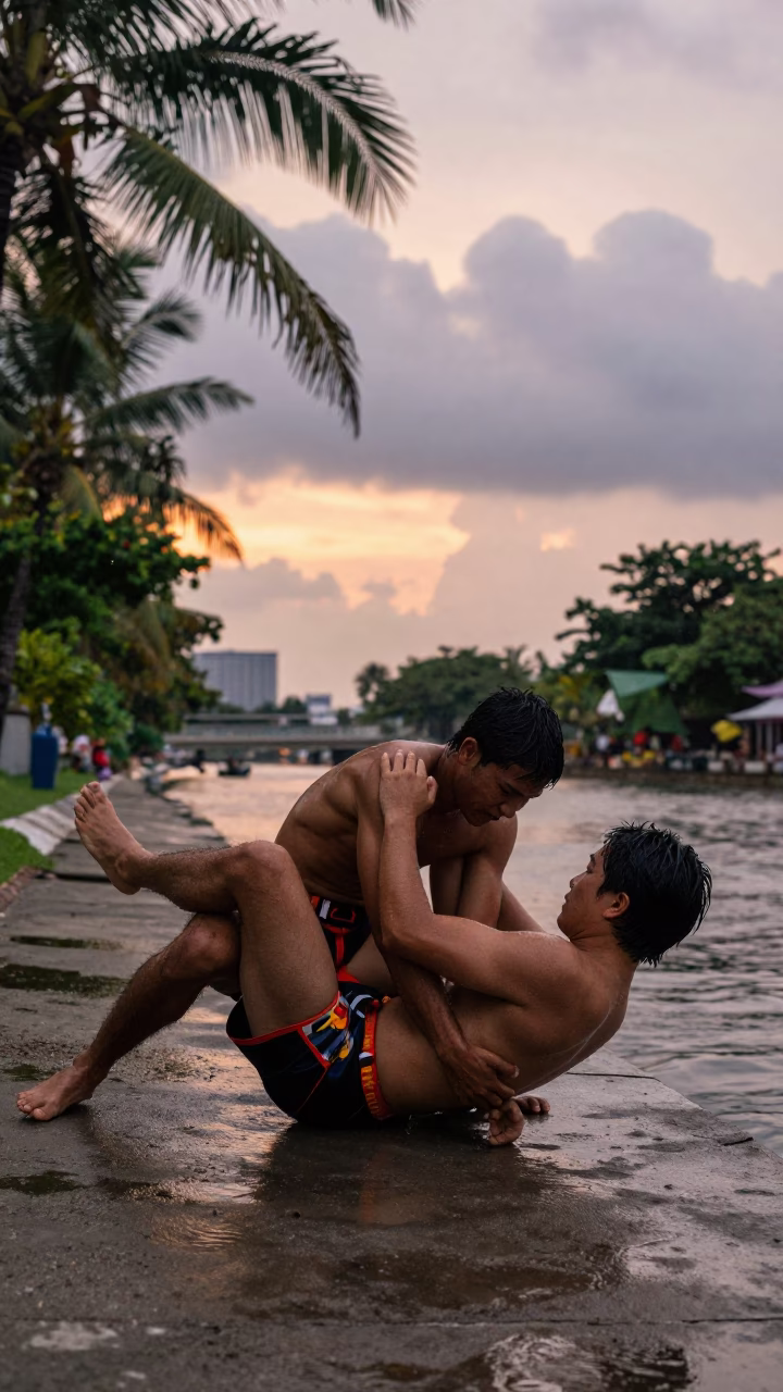 Martial Artist Chokehold Beside Pattaya Canal in beside a canal in Pattaya