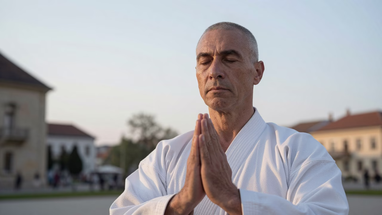Martial Arts Master Eyes Dawn Meditation in in Oradea